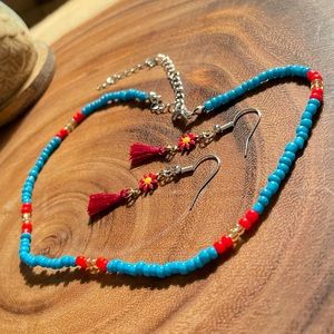 NEW 2Set Boho Bead Choker Necklace Earring Bohemian Seed Bead Colorful red teal
